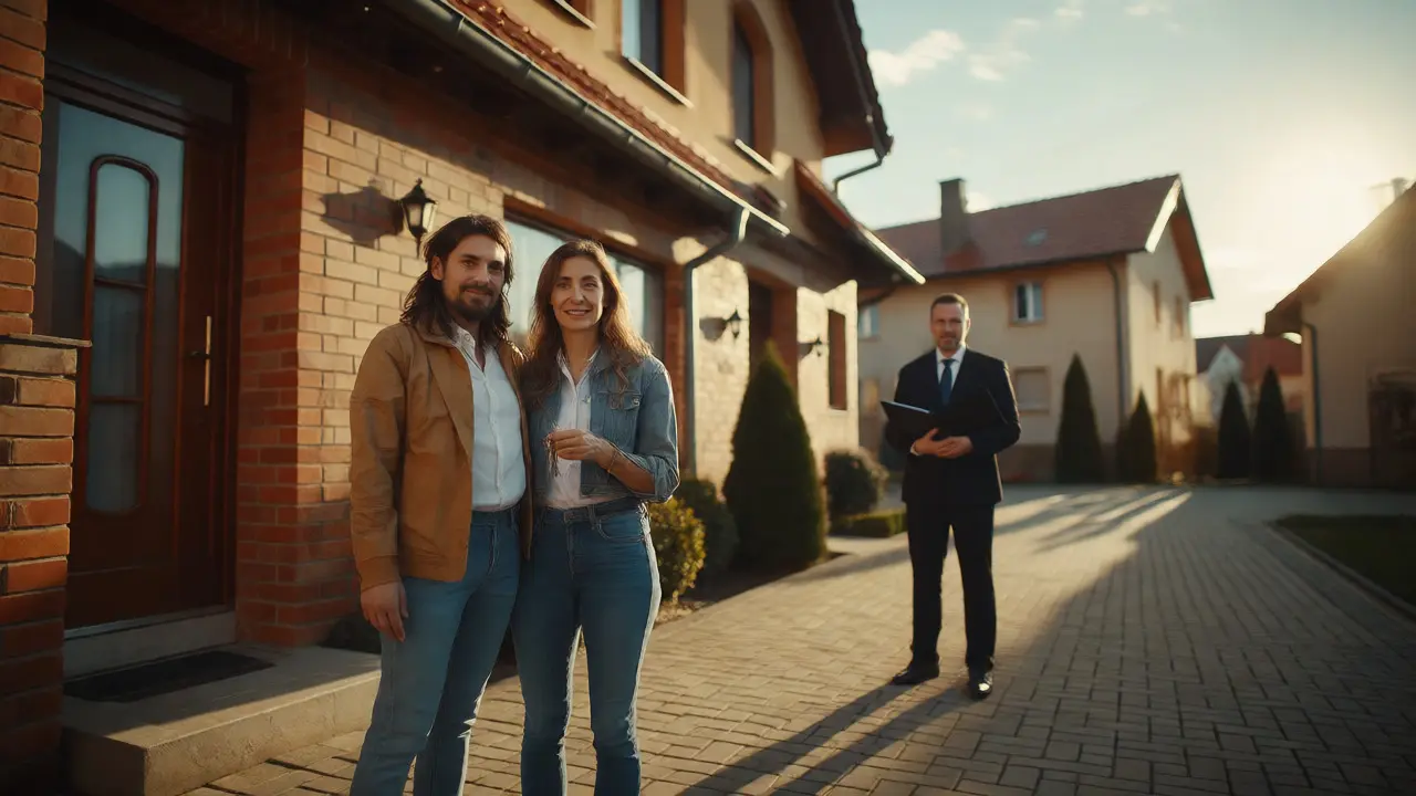 Šťastný pár přebírá klíče od nového domu po úspěšném převodu