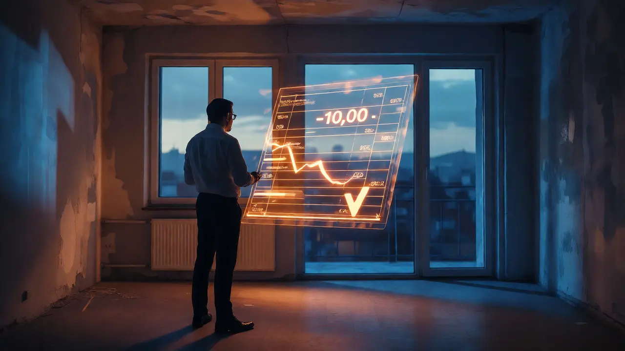 Stressed investor in apartment surrounded by glowing negative financial data streams