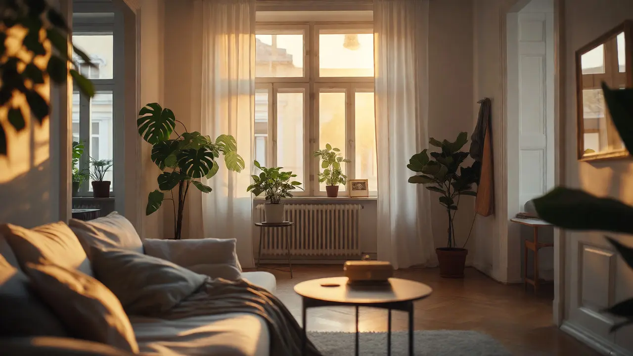 Stylově zařízený byt po home stagingu s neutrálními barvami a rostlinami